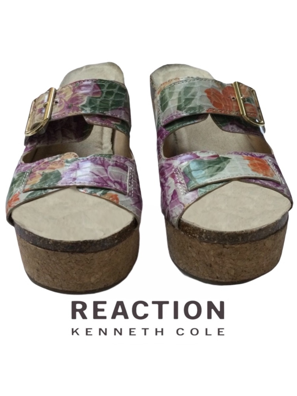 Kenneth Cole Reaction Cork Wedge Platform Sandals Floral Print Adjustable EUC 8
